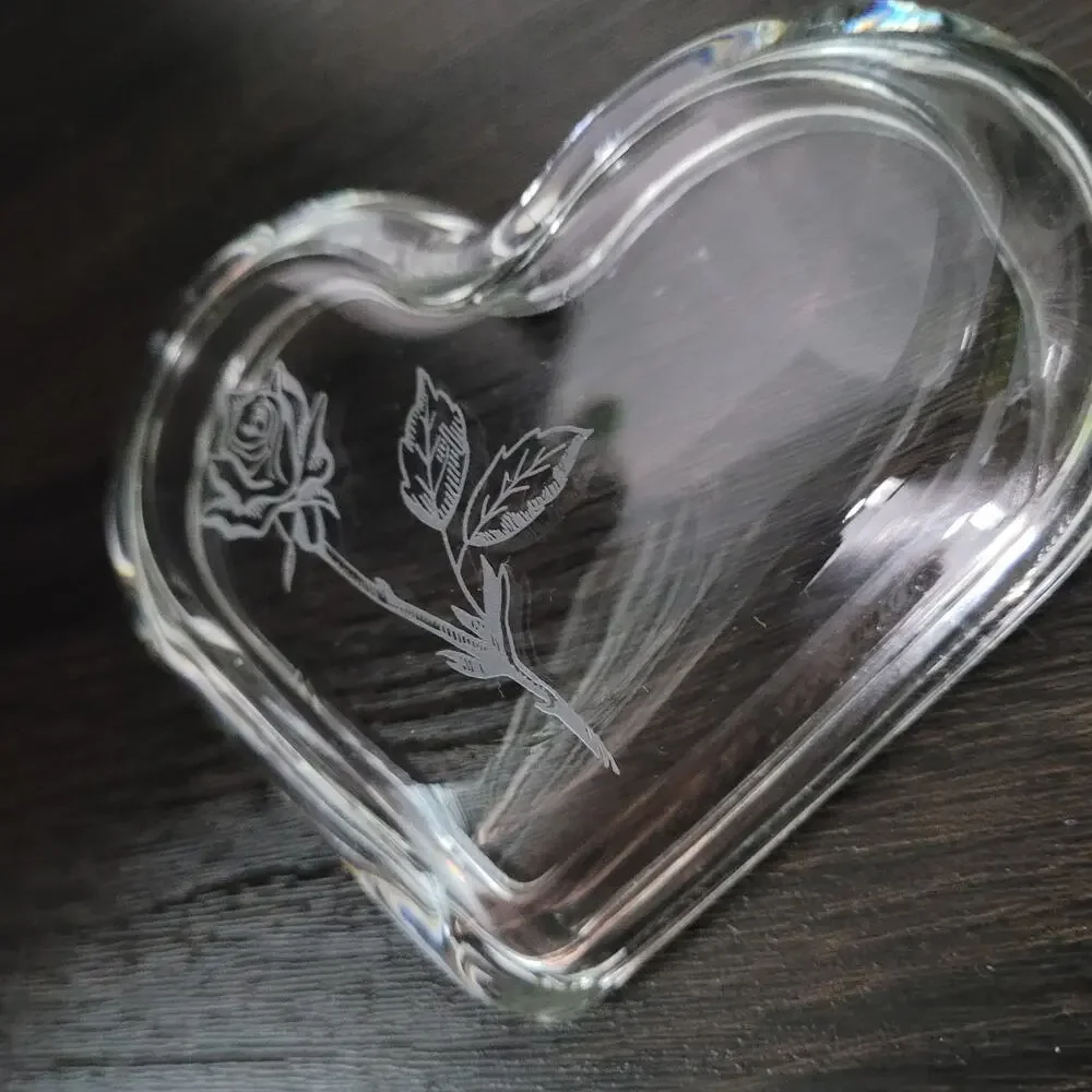 Heart Shaped Clear Glass Trinket Dish with Etched Rose Design, 4 Inches Wide